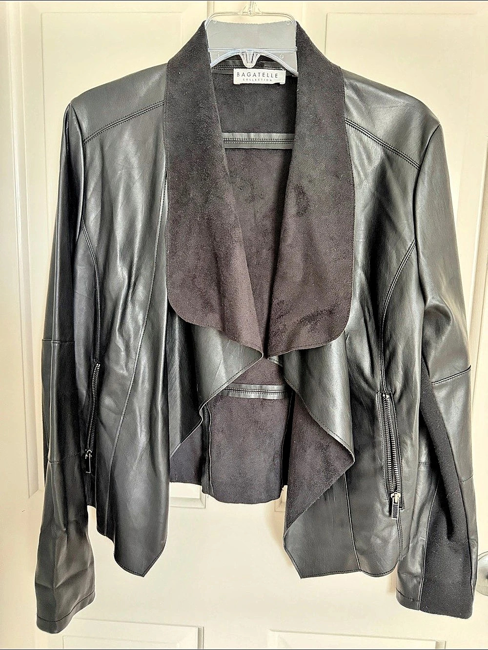 Bagatelle Black Draped Front Leather Jacket, faux leather, M